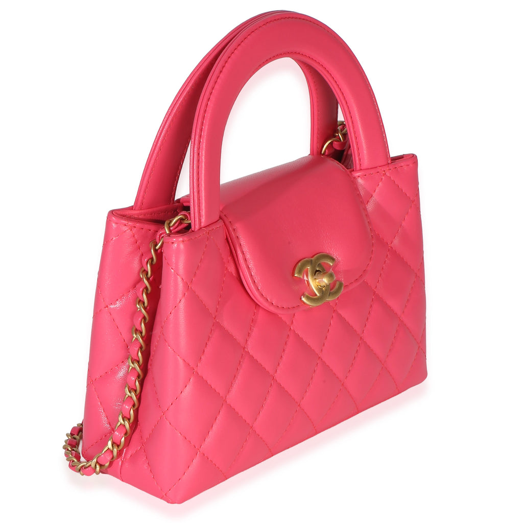 Dark Pink Shiny Aged Calfskin Quilted Nano Kelly Shopper