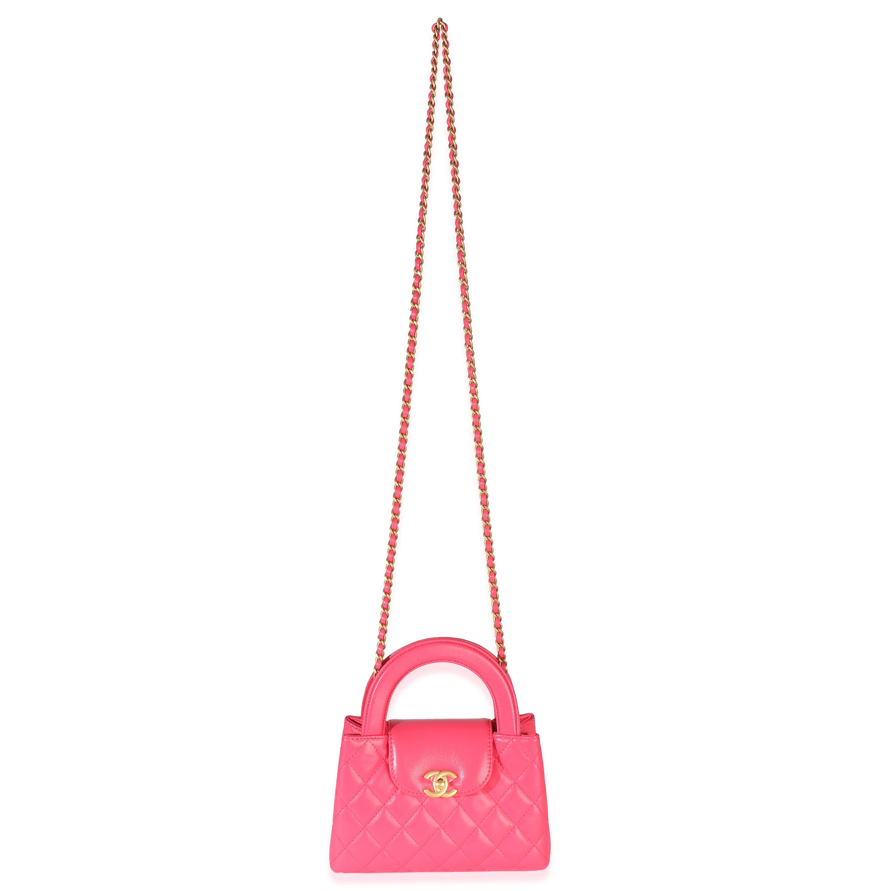 Dark Pink Shiny Aged Calfskin Quilted Nano Kelly Shopper