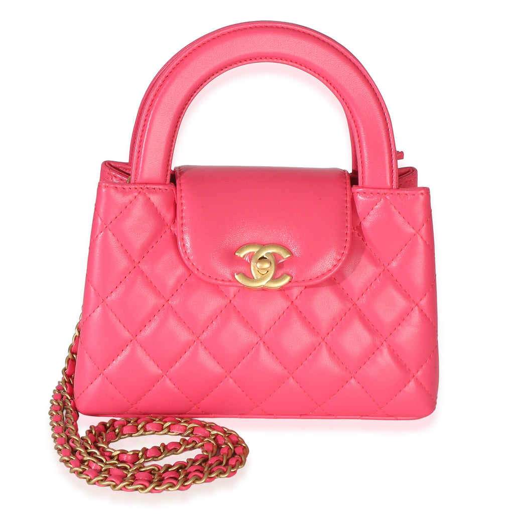 Dark Pink Shiny Aged Calfskin Quilted Nano Kelly Shopper