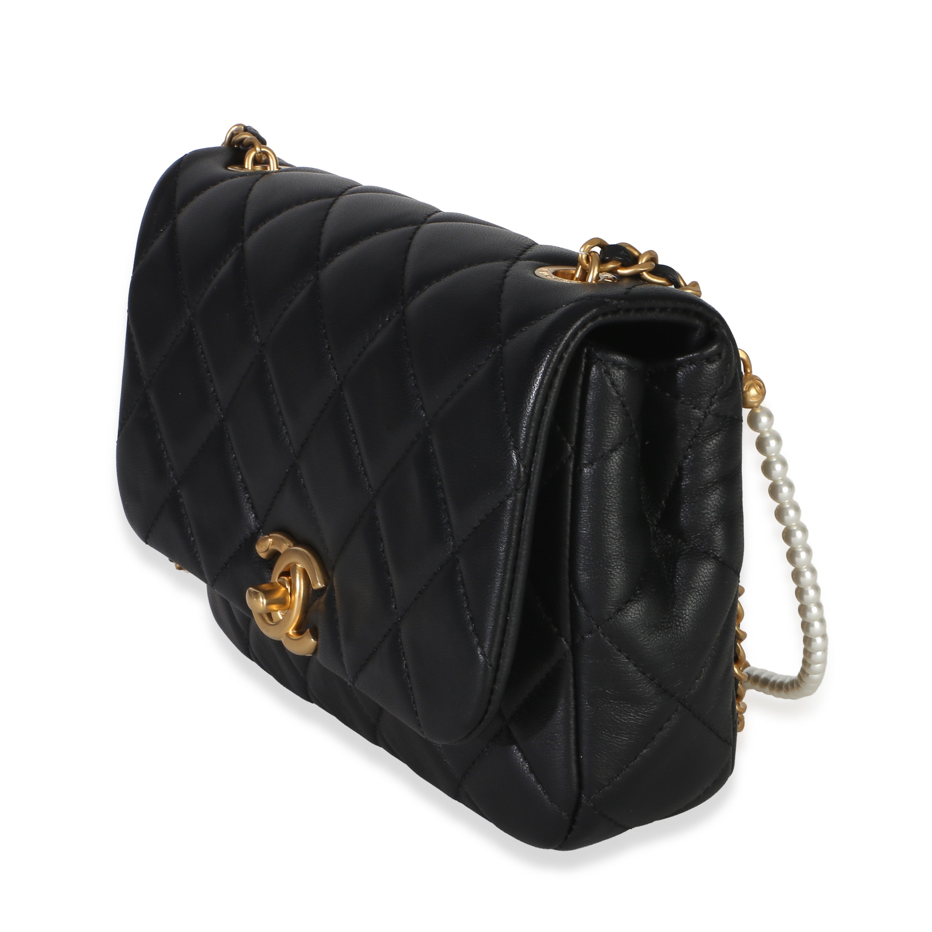 Black Quilted Lambskin Mini Pearly Chain Flap Bag