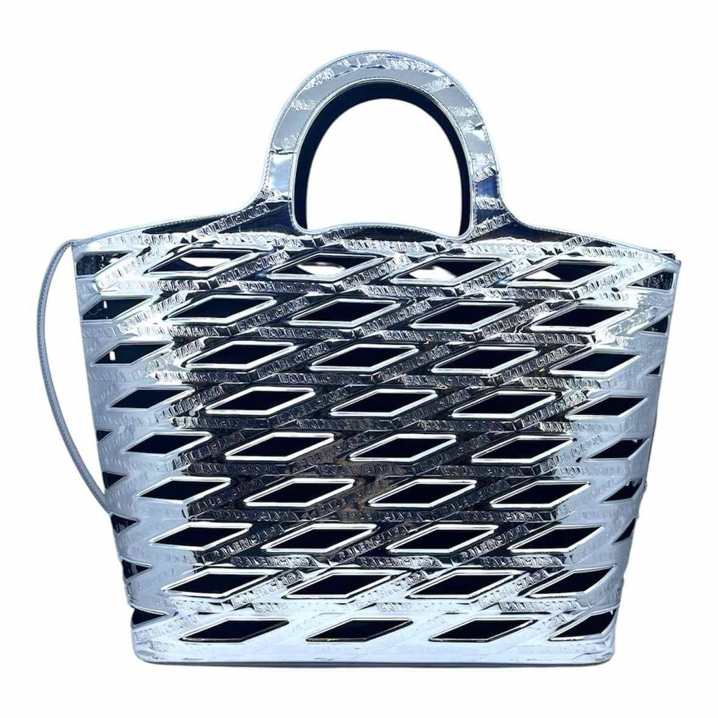 BALENCIAGA Neo 2way Basket Tote Silver Metallic Patent Leather Handbag