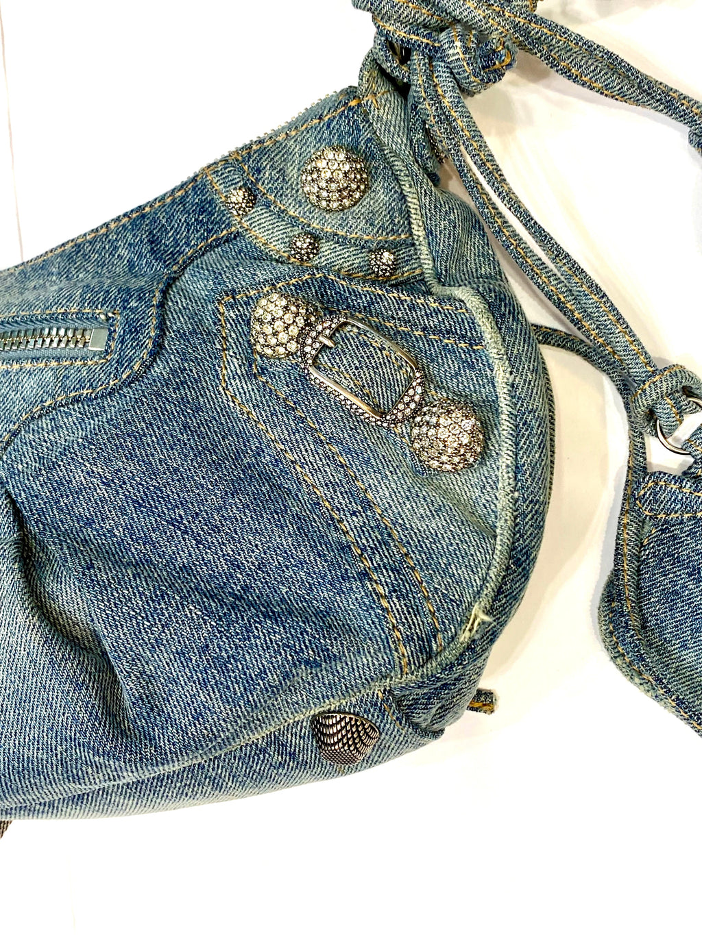 BALENCIAGA LE CAGOLE SMALL DENIM CRYSTAL SHOULDER BAG