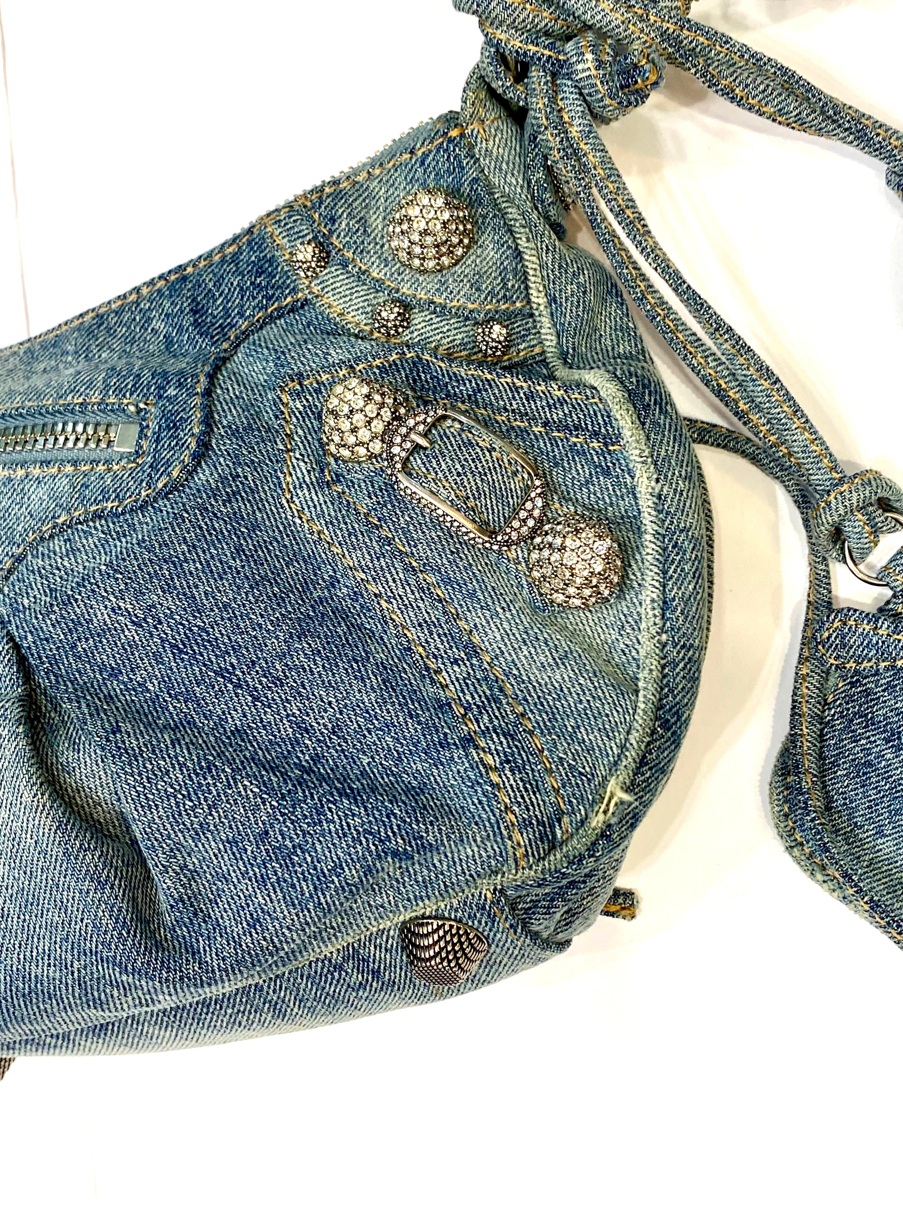 BALENCIAGA LE CAGOLE SMALL DENIM CRYSTAL SHOULDER BAG