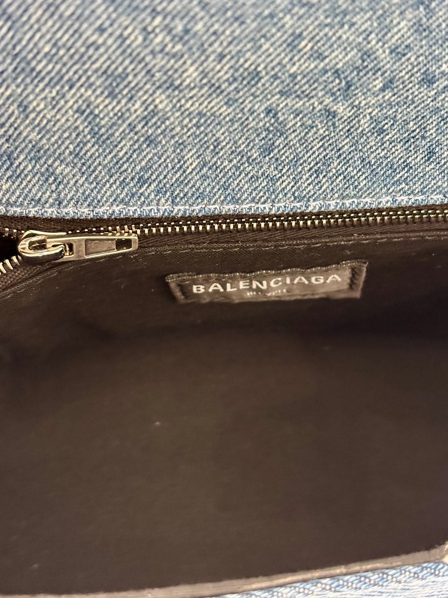 BALENCIAGA DENIM PATCHWORK XS HOURGLASS TOP HANDLE BAG