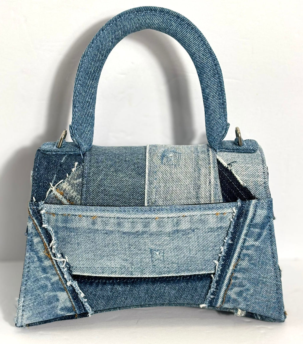 BALENCIAGA DENIM PATCHWORK XS HOURGLASS TOP HANDLE BAG