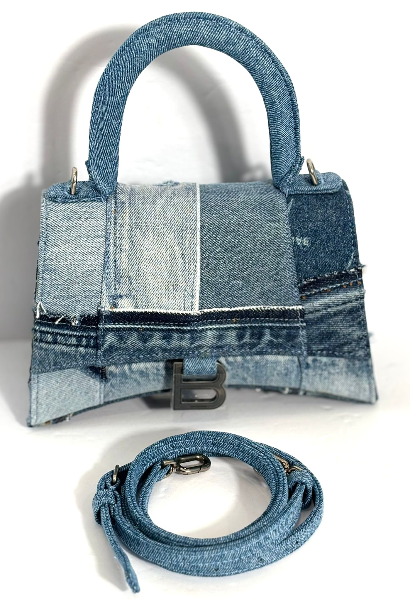 BALENCIAGA DENIM PATCHWORK XS HOURGLASS TOP HANDLE BAG