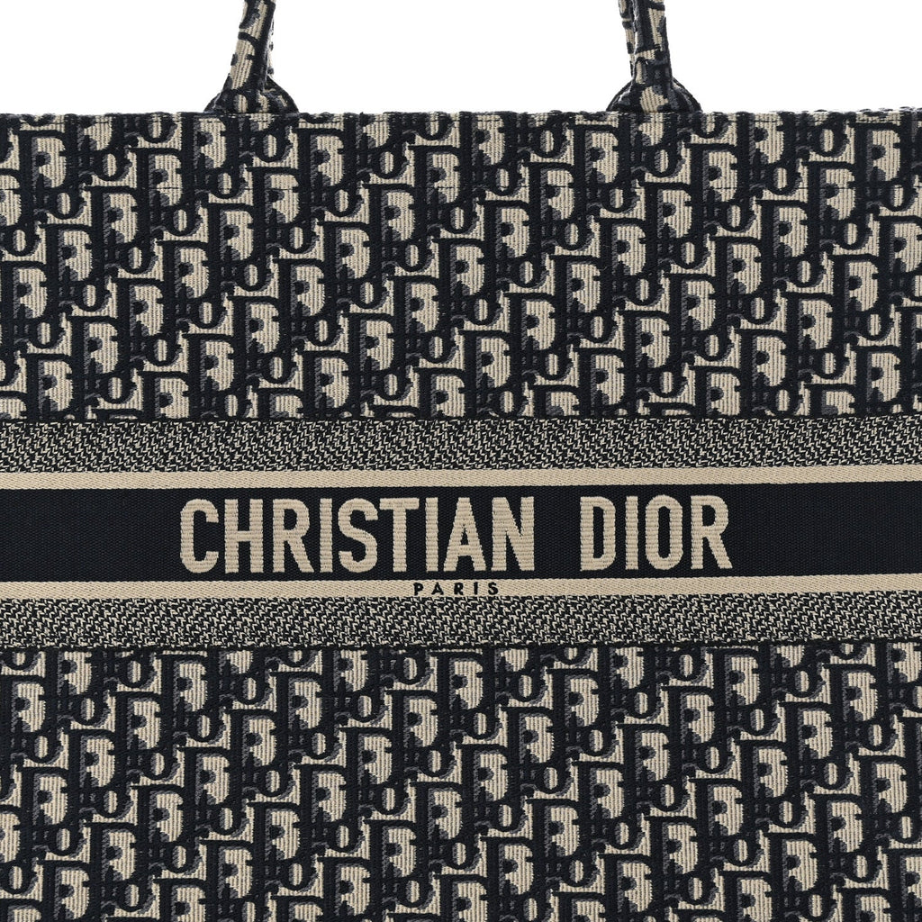 DIOR ECRU & BLUE OBLIQUE EMBROIDERY LARGE BOOK TOTE BAG