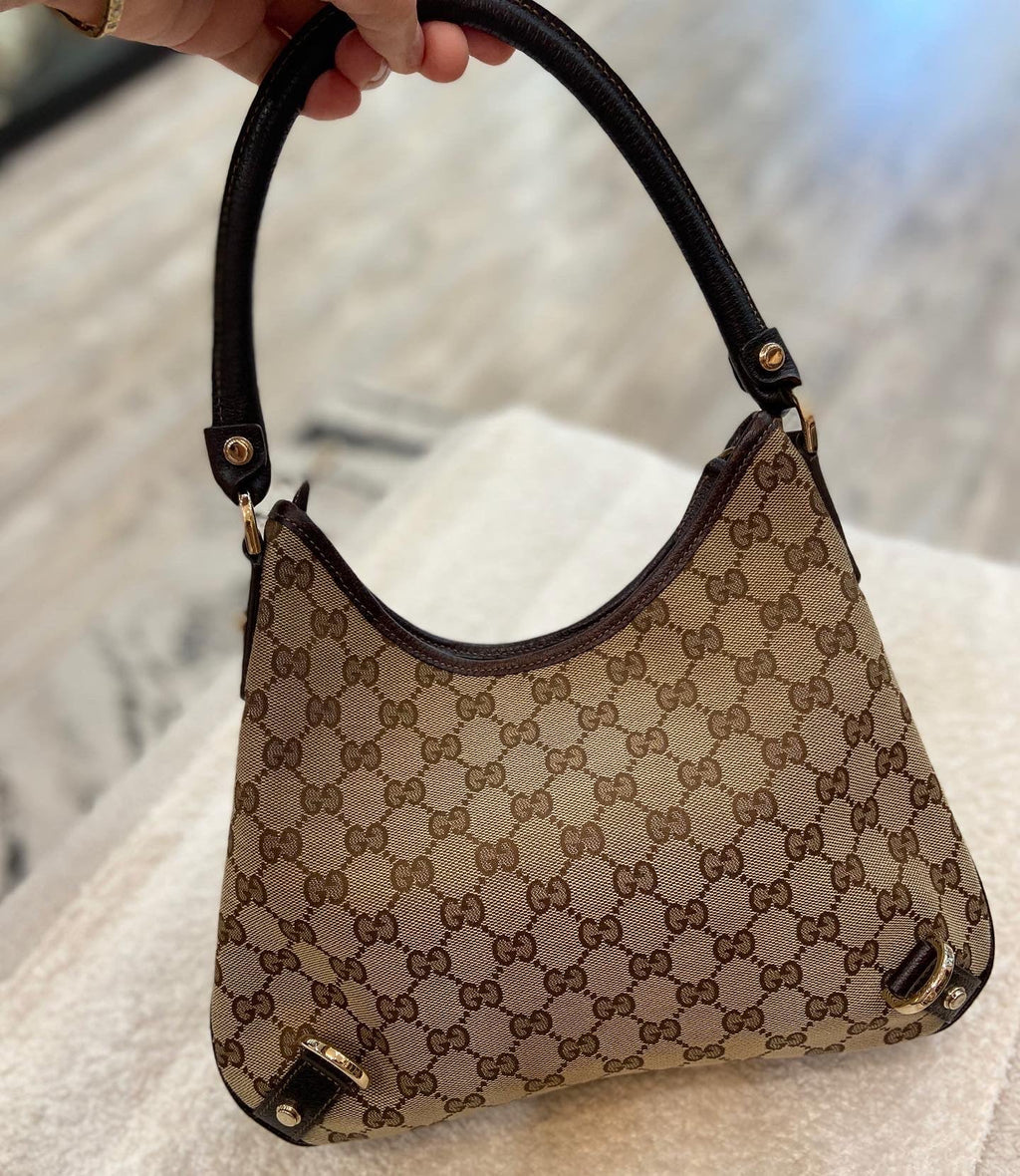 GUCCI MONOGRAM SMALL ABBEY D RING HOBO BAG