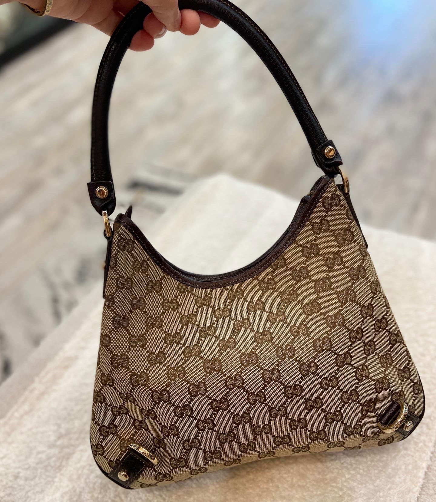 GUCCI MONOGRAM SMALL ABBEY D RING HOBO BAG