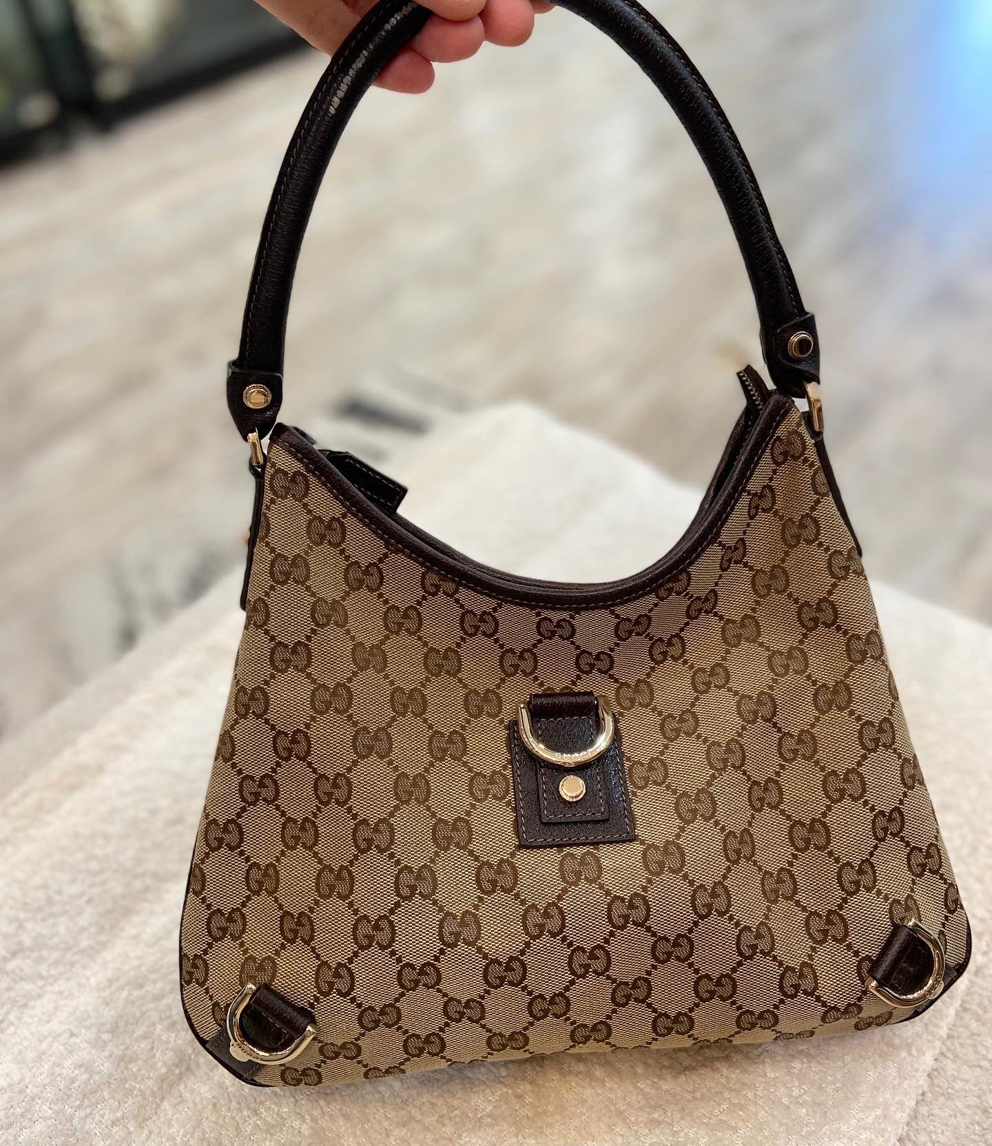 GUCCI MONOGRAM SMALL ABBEY D RING HOBO BAG
