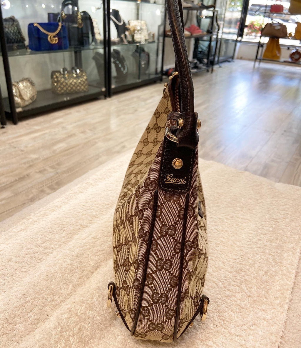 GUCCI MONOGRAM SMALL ABBEY D RING HOBO BAG