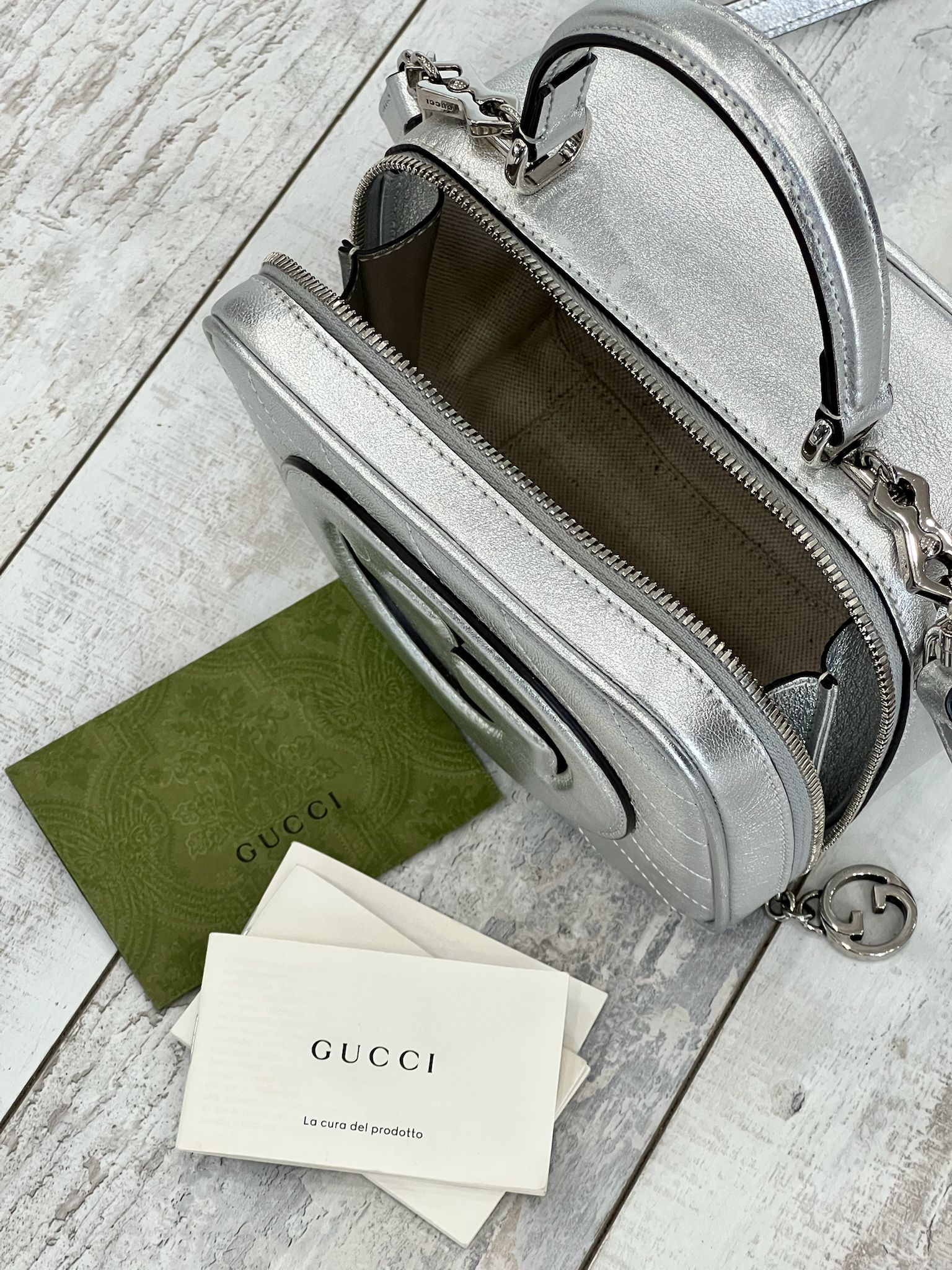 GUCCI BLONDIE METALLIC CALFSKIN LEATHER TOP HANDLE BAG