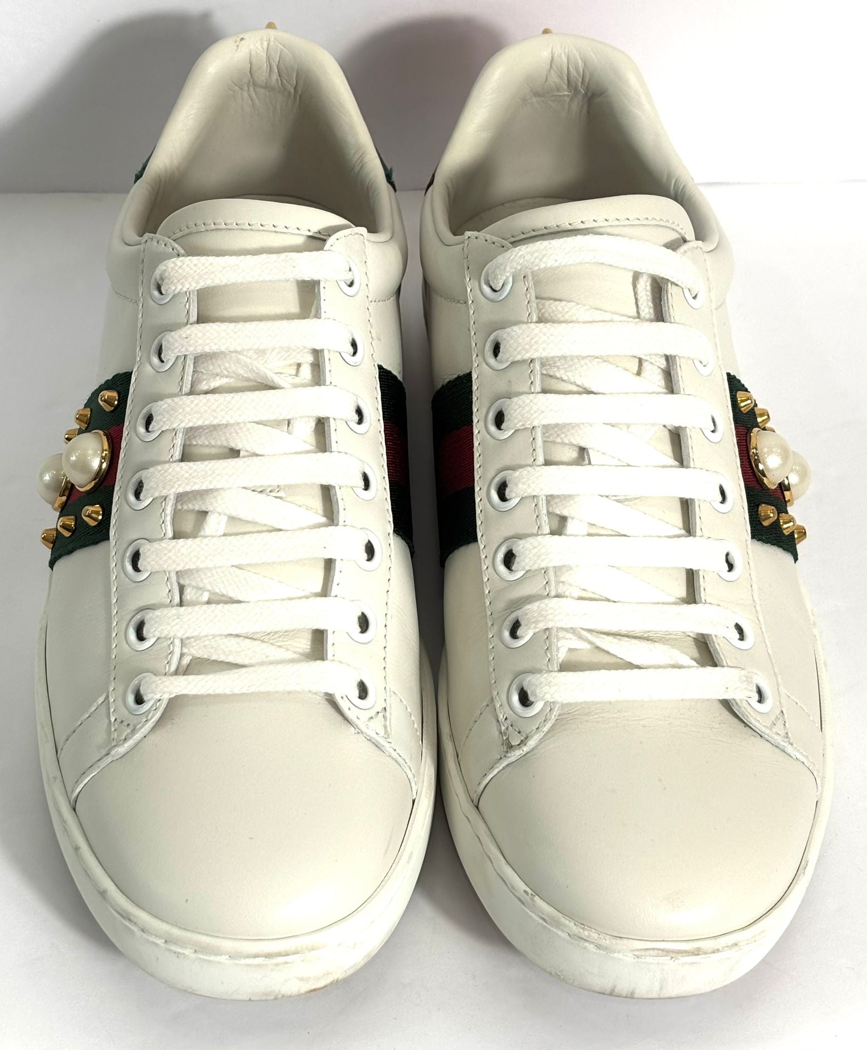 GUCCI WOMEN'S CALFSKIN WEB PEARL STUDDED ACE SNEAKERS