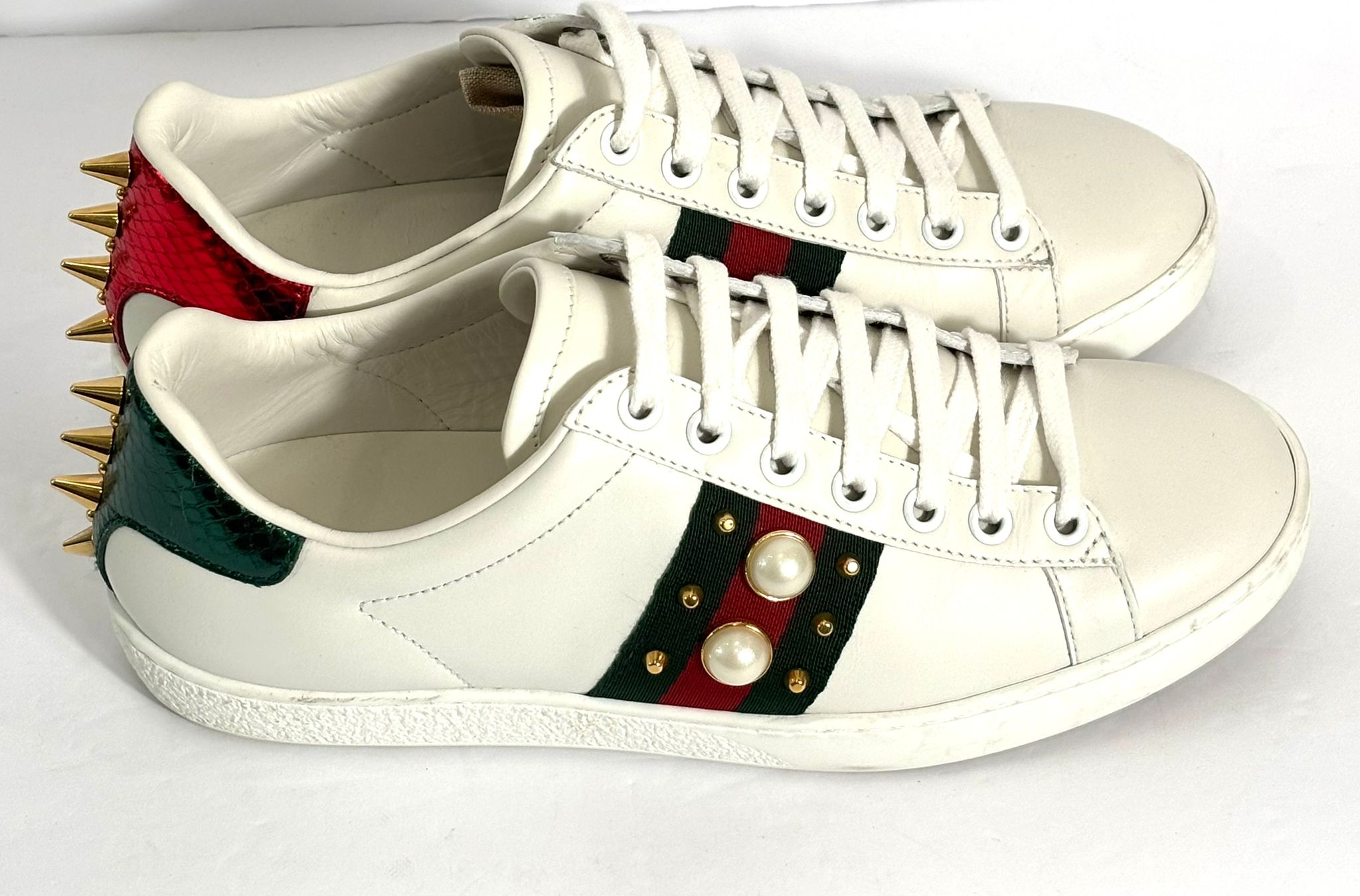 GUCCI WOMEN'S CALFSKIN WEB PEARL STUDDED ACE SNEAKERS