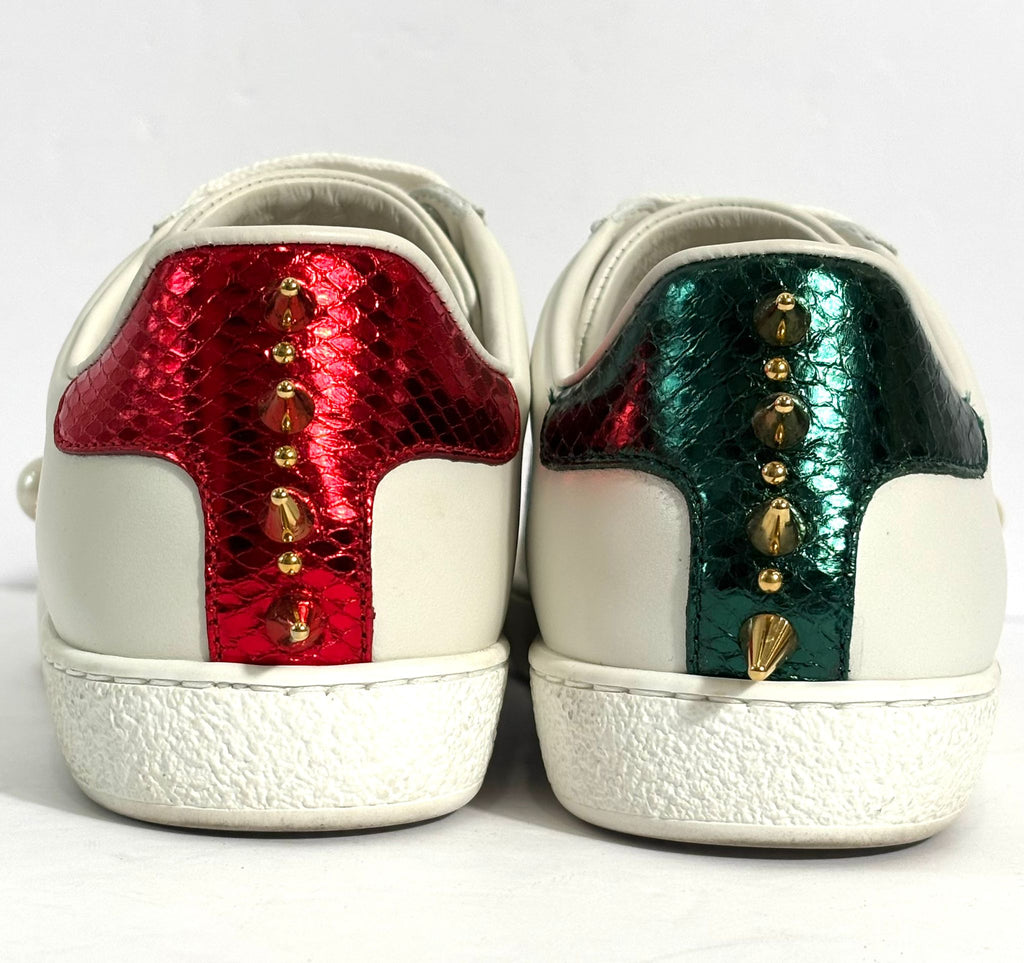 GUCCI WOMEN'S CALFSKIN WEB PEARL STUDDED ACE SNEAKERS
