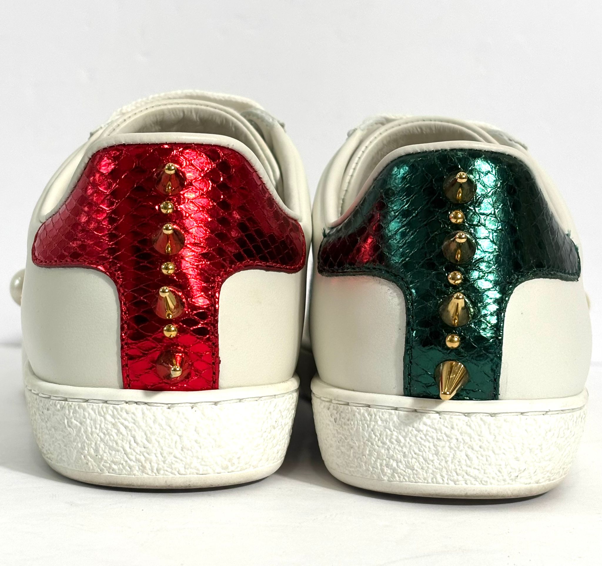 GUCCI WOMEN'S CALFSKIN WEB PEARL STUDDED ACE SNEAKERS