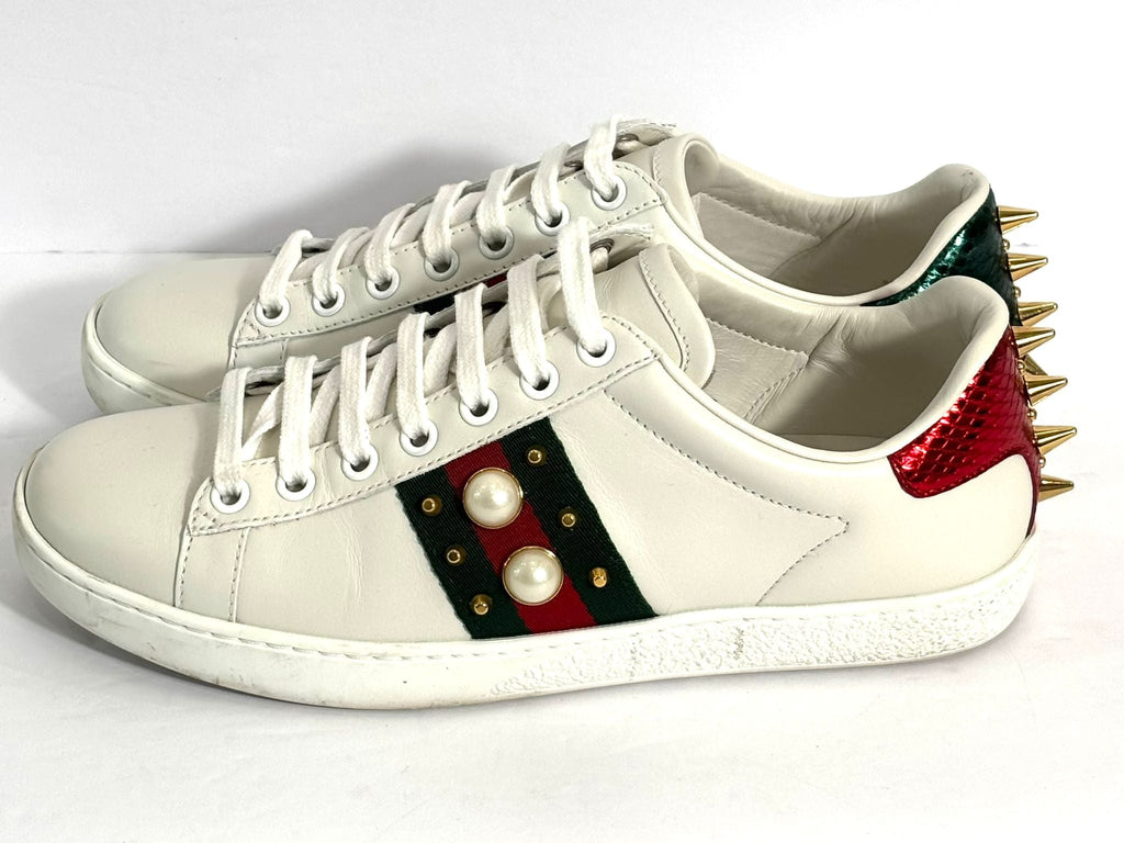 GUCCI WOMEN'S CALFSKIN WEB PEARL STUDDED ACE SNEAKERS