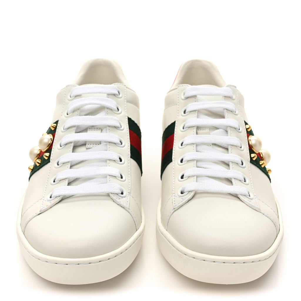 GUCCI WOMEN'S CALFSKIN WEB PEARL STUDDED ACE SNEAKERS