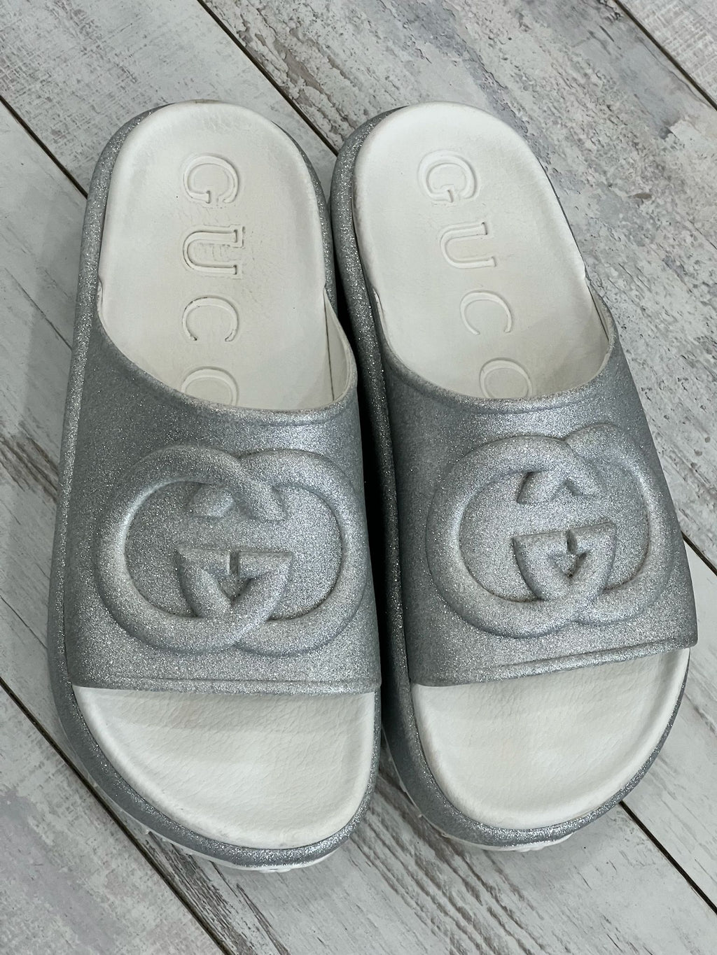 GUCCI WOMENS GLITTER INTERLOCKING G PLATFORM SLIDE SANDALS