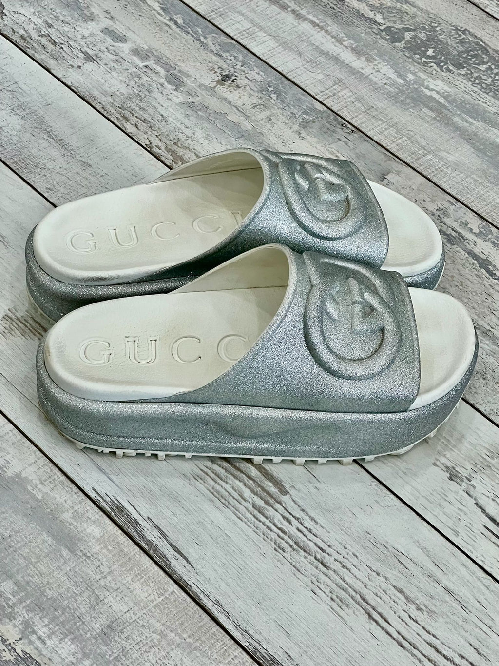 GUCCI WOMENS GLITTER INTERLOCKING G PLATFORM SLIDE SANDALS