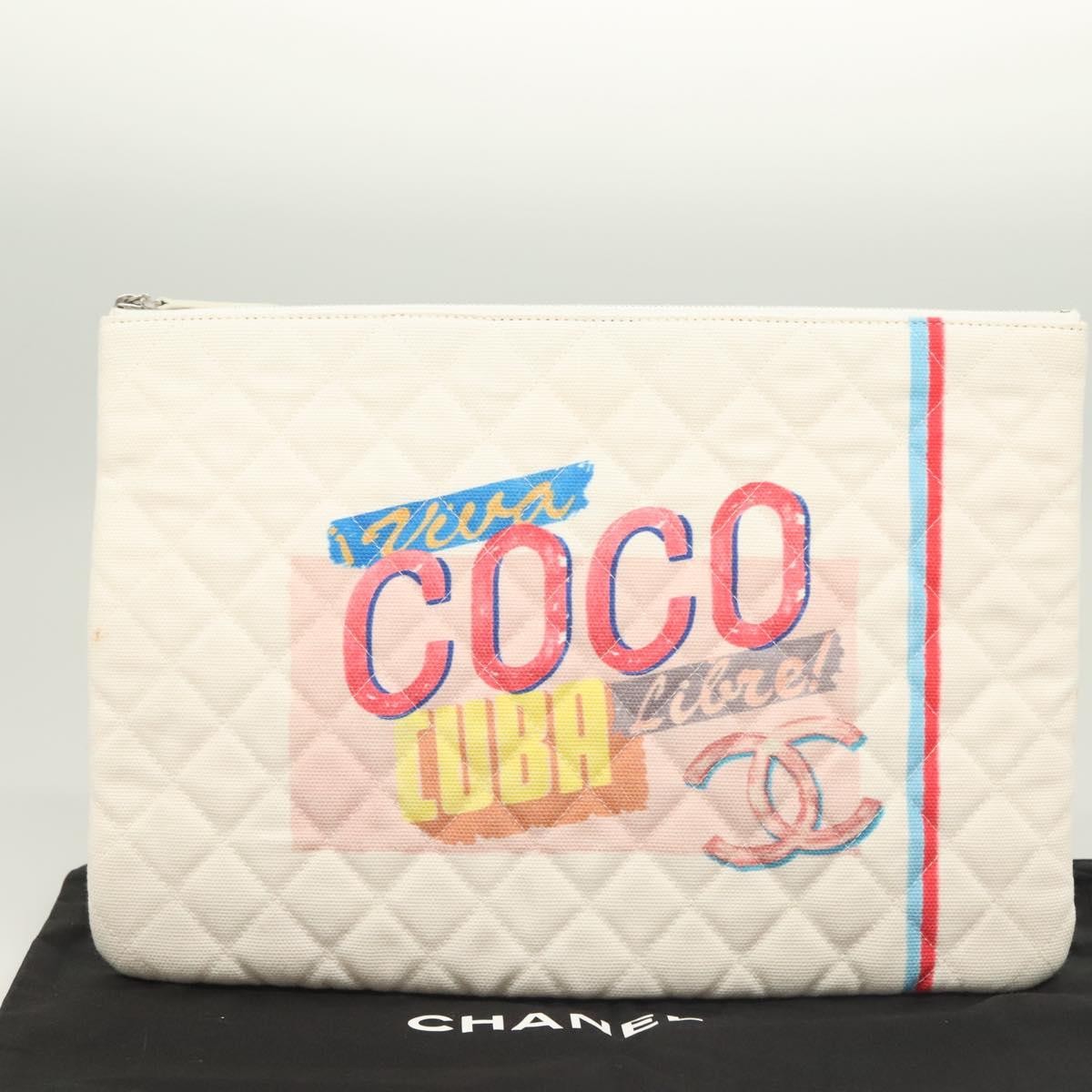 Chanel Coco Cuba Pouch Printed Quilted Canvas White Canvas Bag (Pre-Owned)