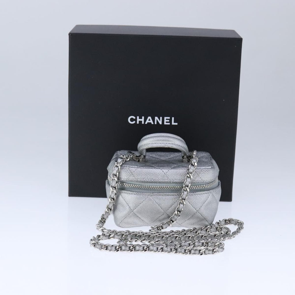 Chanel Classic Vanity Case With Chain Quilted Caviar Silver Leather Shoulder Bag Bag (Pre-Owned)