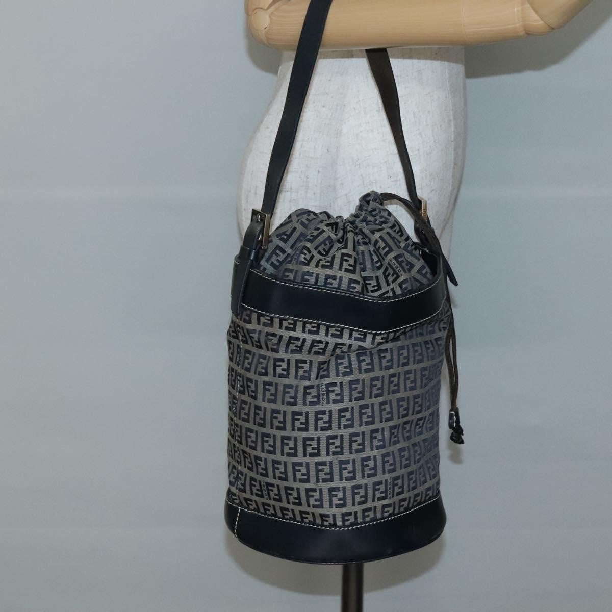 Fendi Ff Logo Mon Tresor Bucket Bag Printed Shearling With Leather Navy Canvas Shoulder Bag Bag (Pre-Owned)