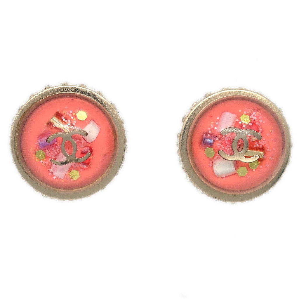 Chanel Cc Logo Button Stud Earrings Metal With Crystals Pink Plastic Earrings Jewelry (Pre-Owned)