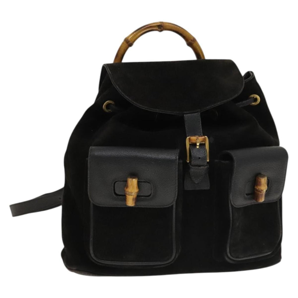 Gucci Vintage Bamboo Backpack Suede And Leather Black Suede Backpack Bag (Pre-Owned)