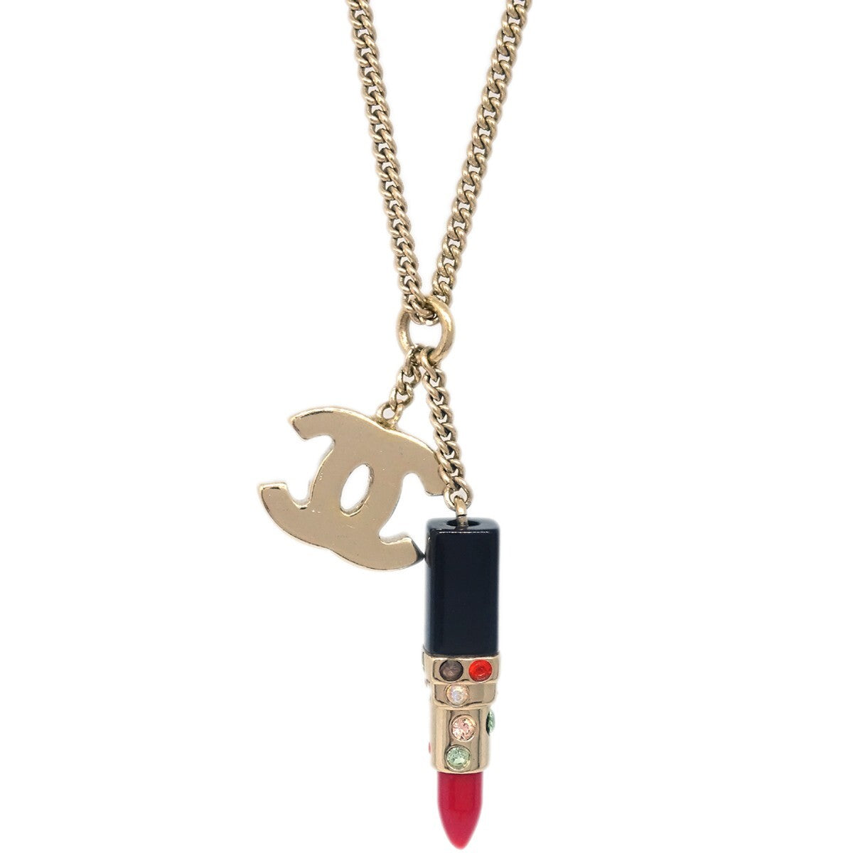 Chanel Cc Lipstick Charm Pendant Necklace Metal With Resin And Crystals Gold Metal Necklace Jewelry (Pre-Owned)