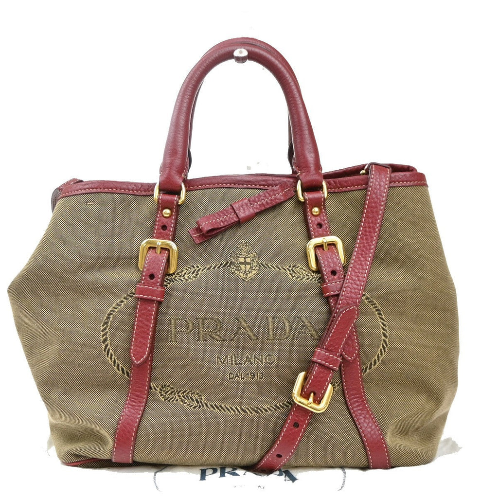 Prada Logo Convertible Tote Canvas With Leather Beige Canvas Tote Bag Bag (Pre-Owned)
