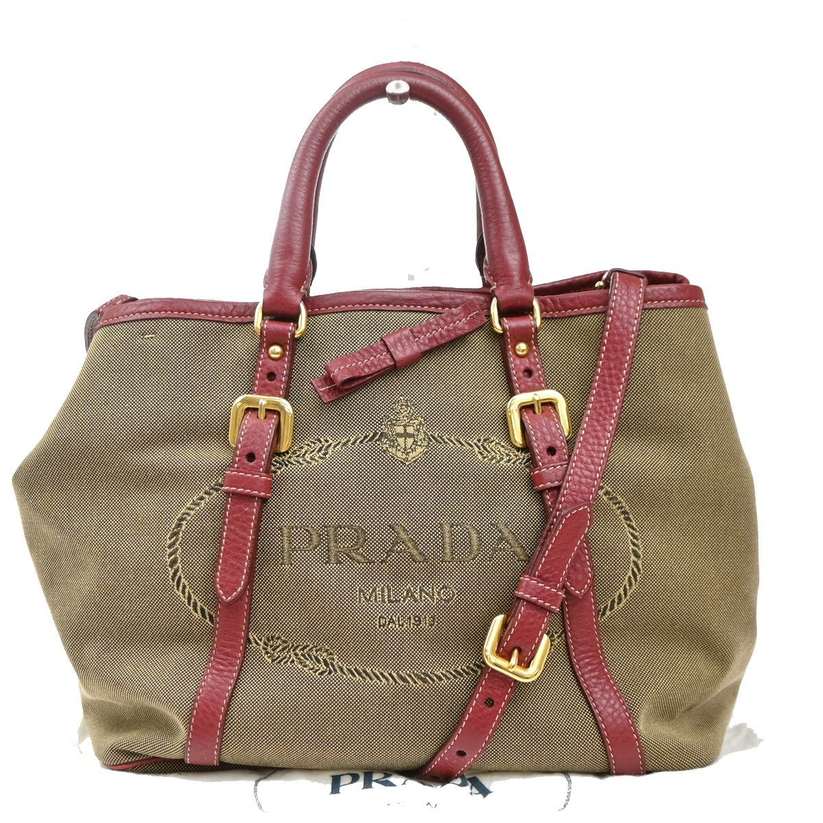 Prada Logo Convertible Tote Canvas With Leather Beige Canvas Tote Bag Bag (Pre-Owned)