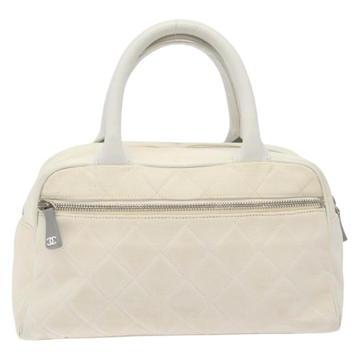 Chanel Vintage Logo Bowler Bag Quilted Canvas White Canvas Handbag (Pre-Owned)