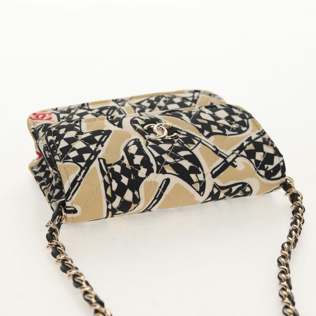 Chanel Flap Card Holder On Chain Quilted Printed Canvas Beige Satin Clutche & Pouche Bag (Pre-Owned)