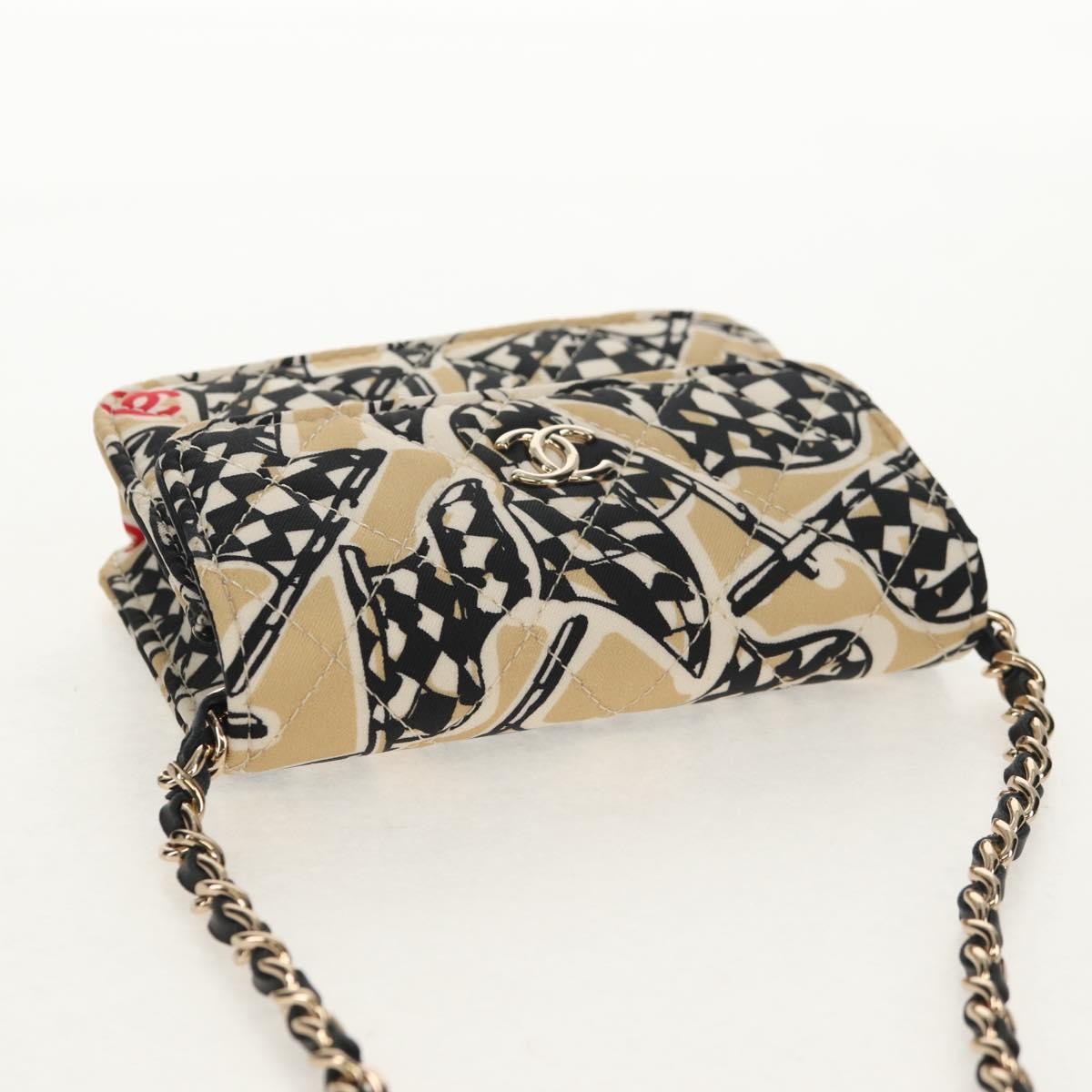 Chanel Flap Card Holder On Chain Quilted Printed Canvas Beige Satin Clutche & Pouche Bag (Pre-Owned)