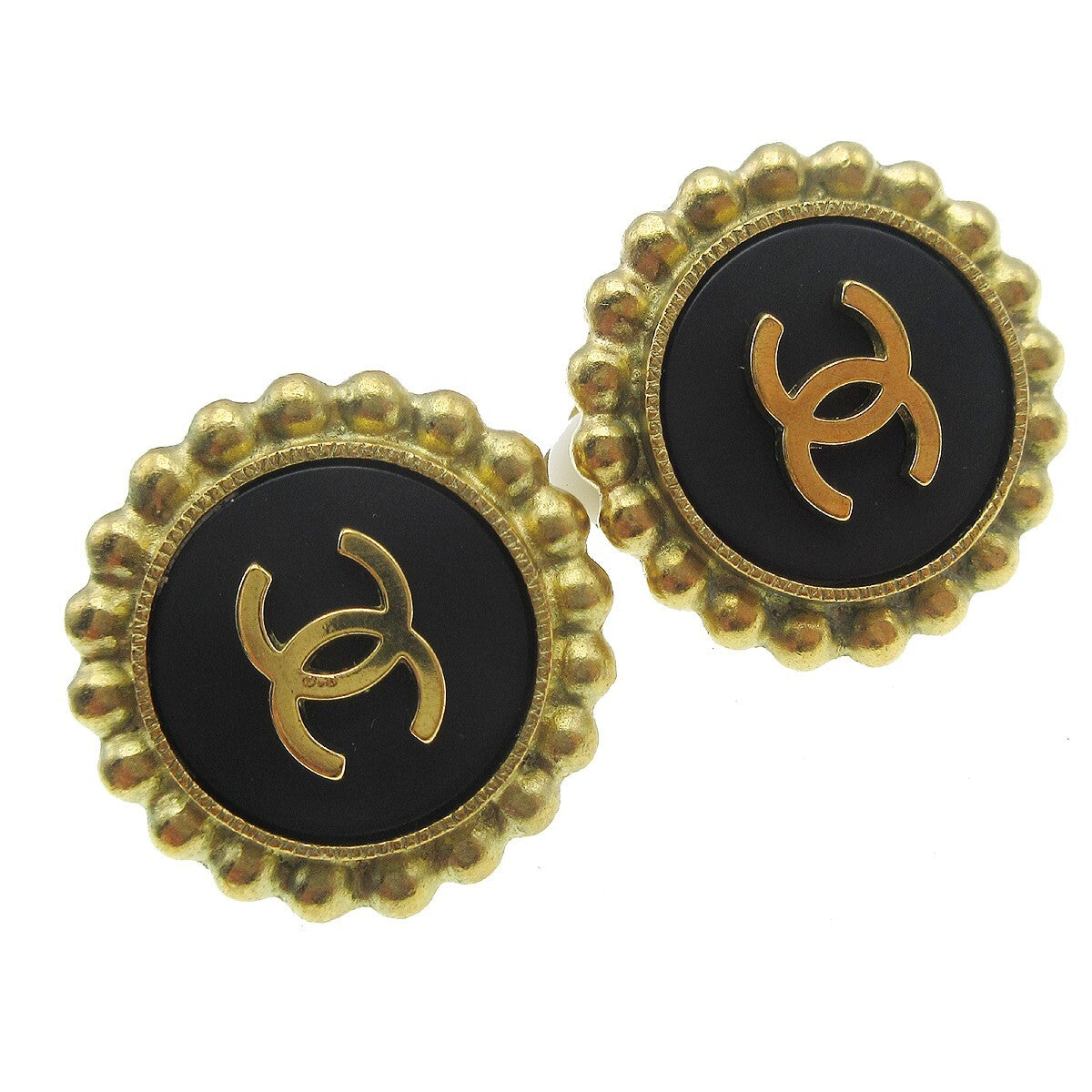 Chanel Cc Round Earrings Metal Black Gold_Plated Earrings Jewelry (Pre-Owned)