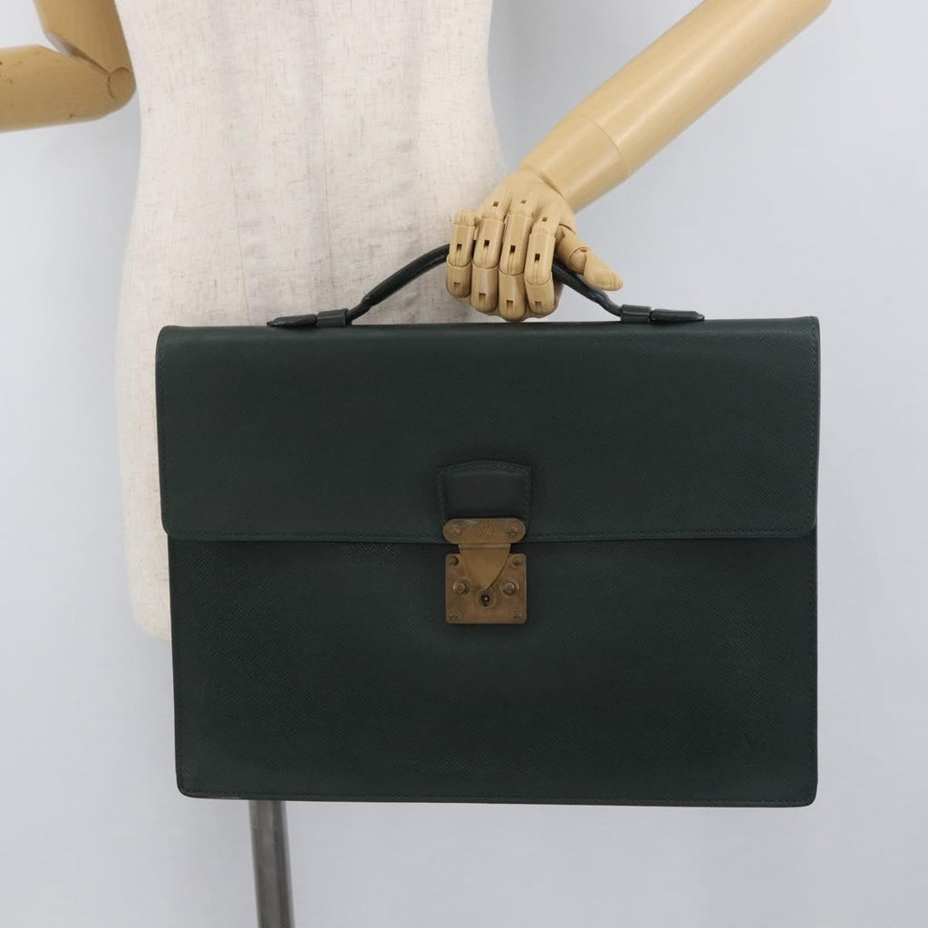 Louis Vuitton Serviette Kourad Briefcase Taiga Leather Green Leather Handbag (Pre-Owned)