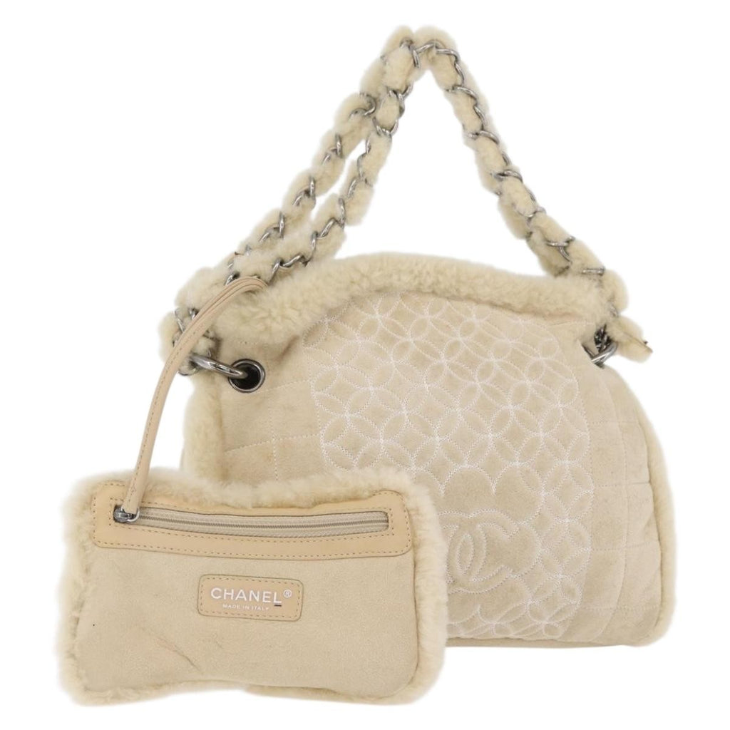 Chanel Vintage Embroidered Cc Chain Tote Quilted Suede And Shearling Silver Canvas Tote Bag Bag (Pre-Owned)
