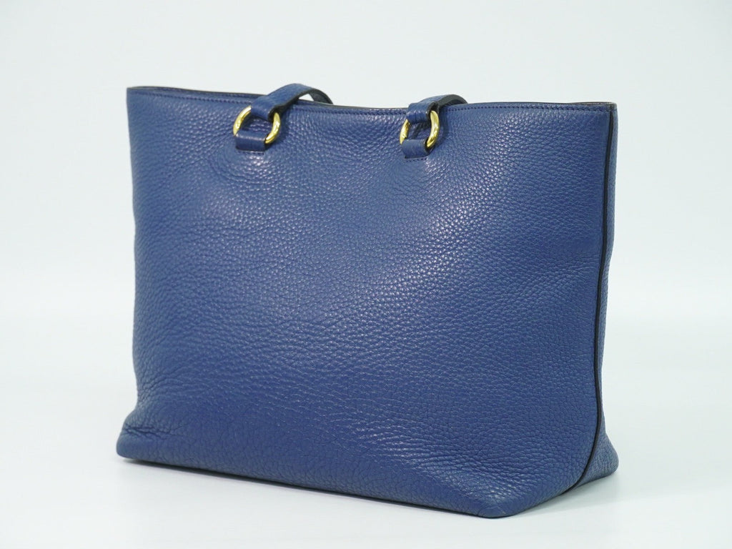 Prada Embossed Logo Open Tote Leather Blue Leather Tote Bag Bag (Pre-Owned)