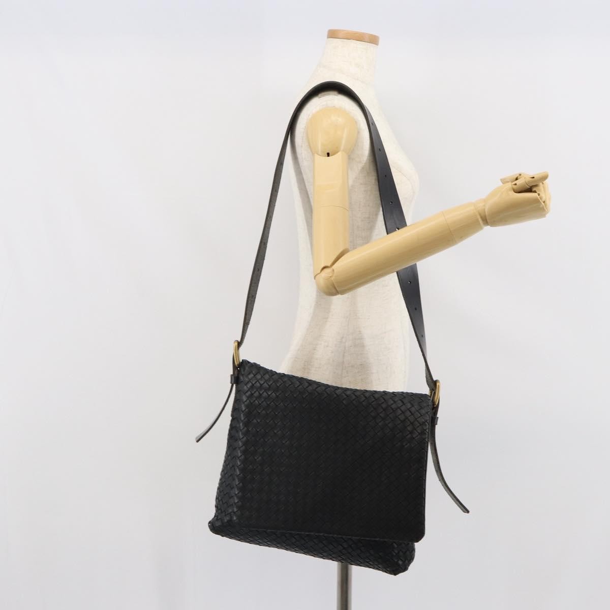 Bottega Veneta Square Flap Messenger Bag Intrecciato Nappa Black Leather Shoulder Bag Bag (Pre-Owned)