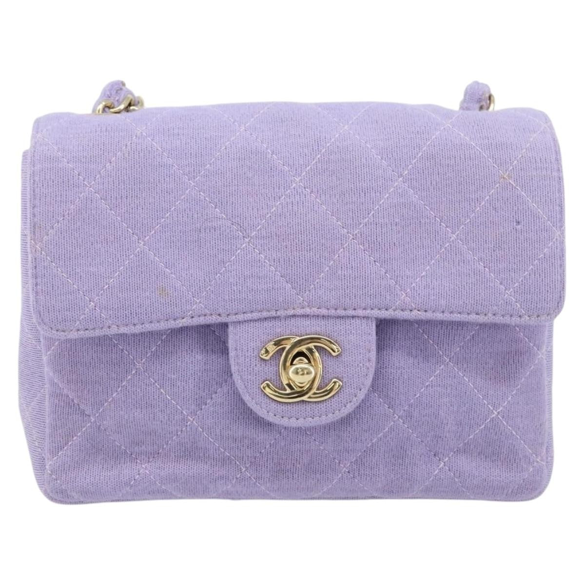 Chanel Square Classic Single Flap Bag Fabric Purple Cotton Crossbody Bag Bag (Pre-Owned)