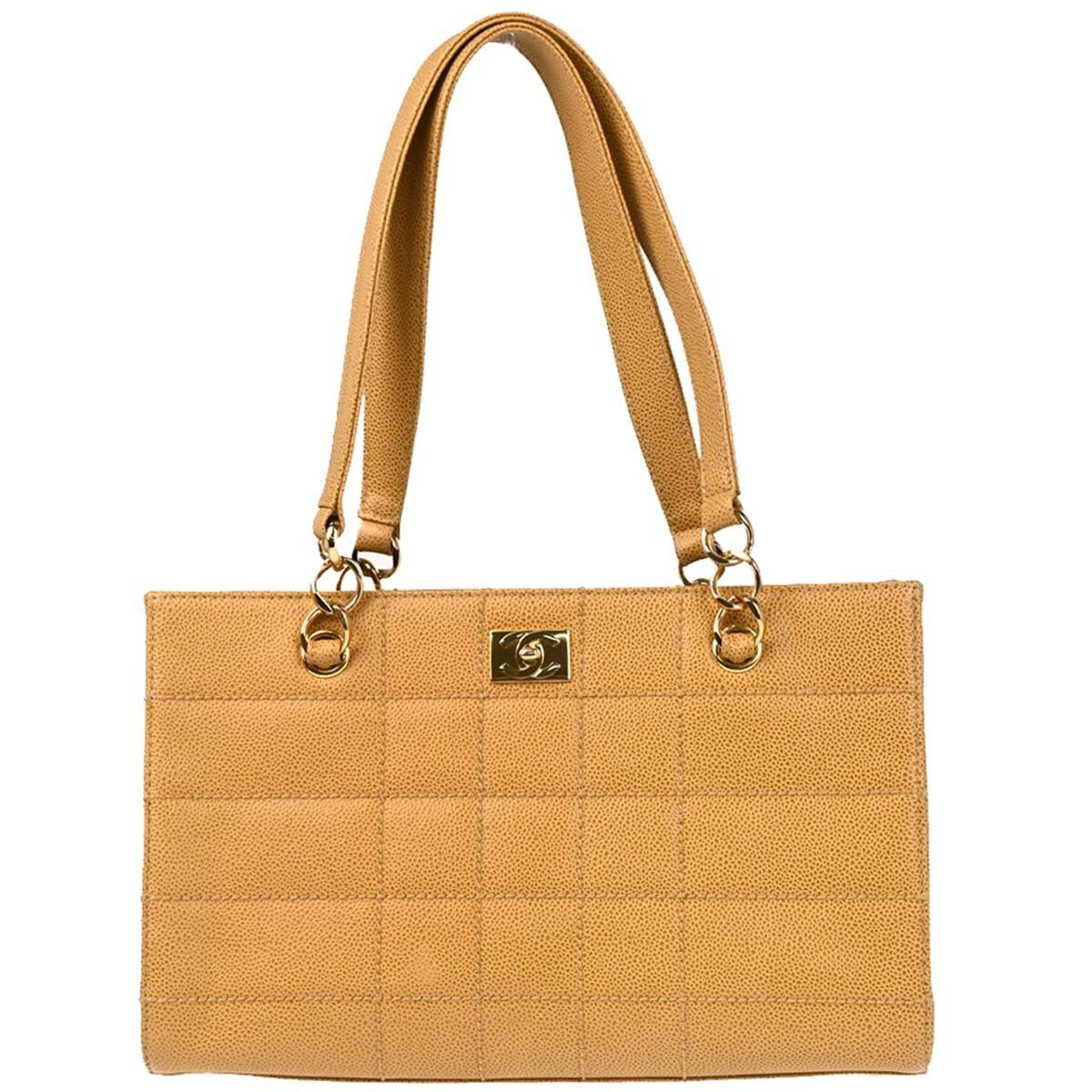 Chanel Vintage Chocolate Bar Open Tote Quilted Caviar Beige Leather Tote Bag Bag (Pre-Owned)