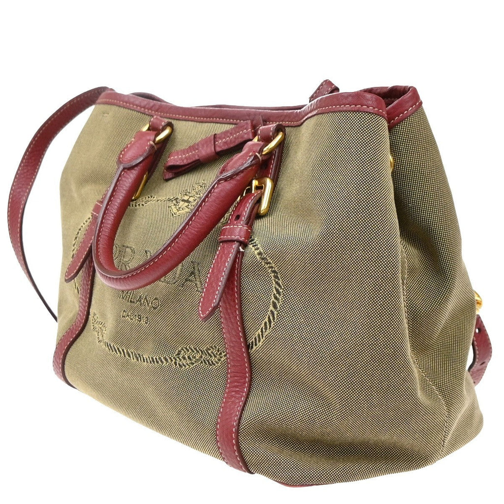 Prada Logo Convertible Tote Canvas With Leather Beige Canvas Tote Bag Bag (Pre-Owned)