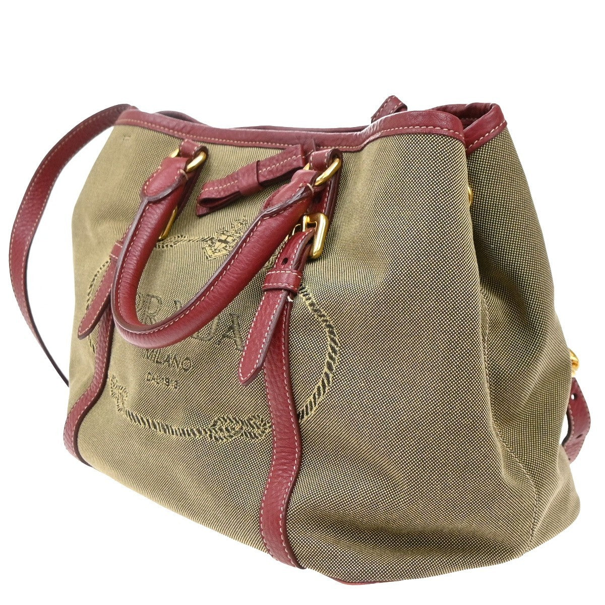 Prada Logo Convertible Tote Canvas With Leather Beige Canvas Tote Bag Bag (Pre-Owned)