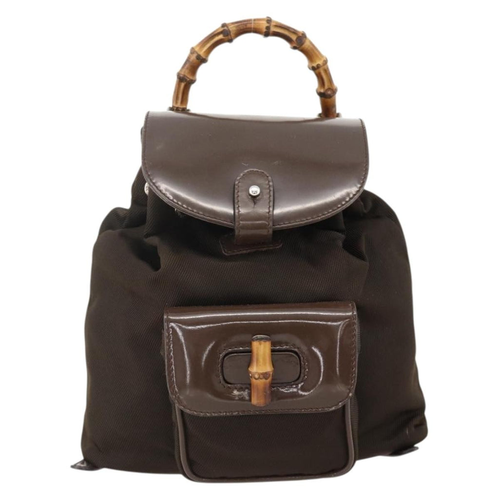 Gucci Vintage Bamboo Backpack Nylon And Patent Leather Brown Nylon Backpack Bag (Pre-Owned)