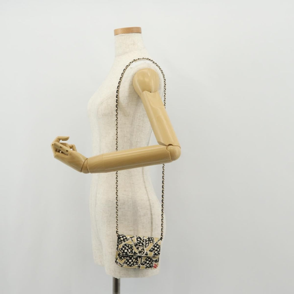 Chanel Flap Card Holder On Chain Quilted Printed Canvas Beige Satin Clutche & Pouche Bag (Pre-Owned)