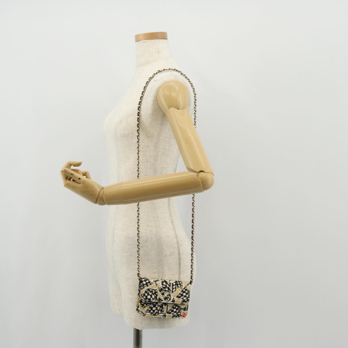 Chanel Flap Card Holder On Chain Quilted Printed Canvas Beige Satin Clutche & Pouche Bag (Pre-Owned)