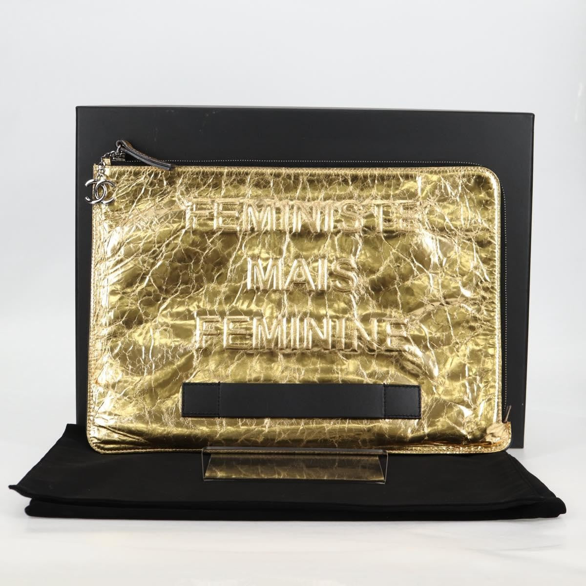 Chanel Feminine Pouch Crinkled Leather Gold Leather Clutche & Pouche Bag (Pre-Owned)