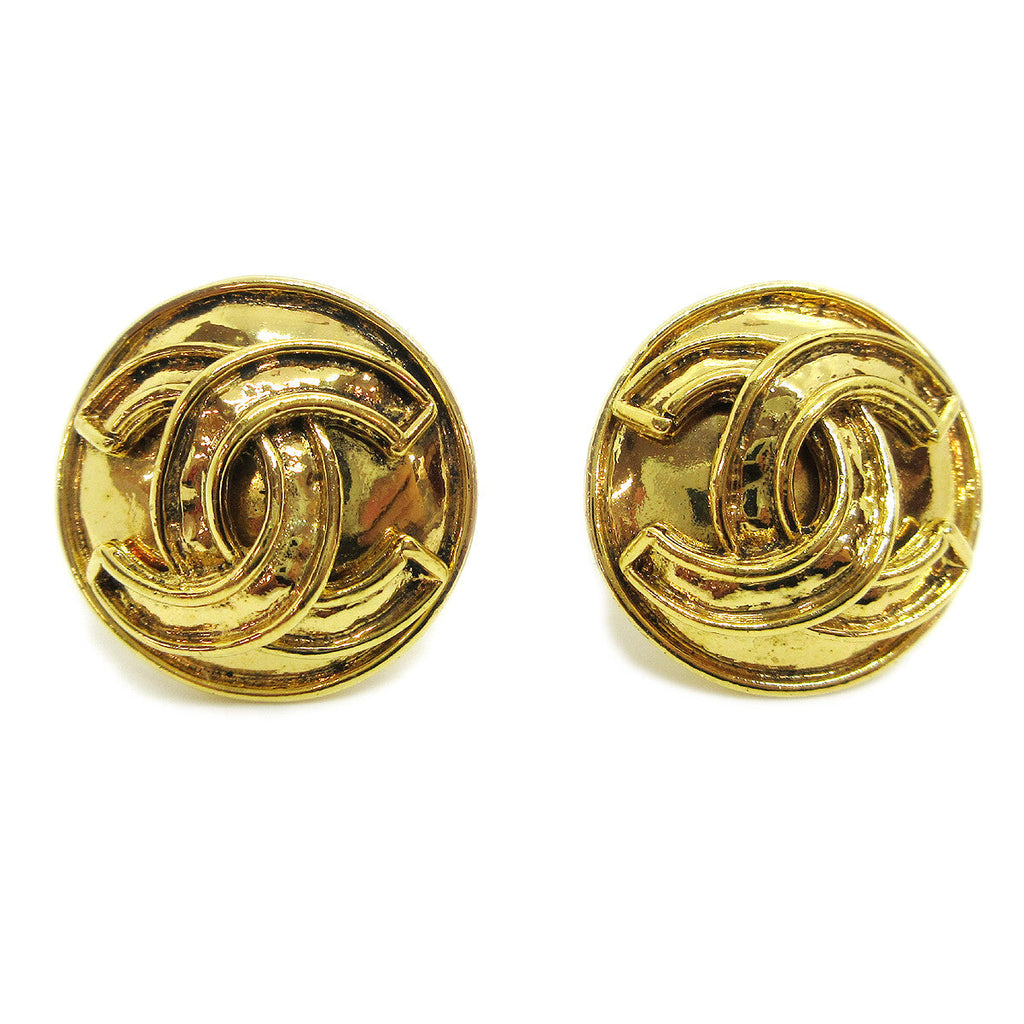 Chanel Vintage Cc Round Clip-On Earrings Metal Gold Gold_Plated Earrings Jewelry (Pre-Owned)