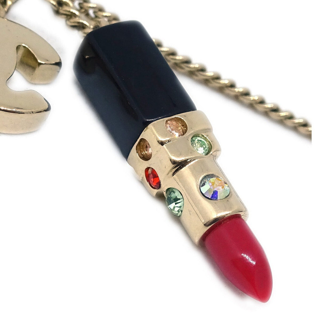 Chanel Cc Lipstick Charm Pendant Necklace Metal With Resin And Crystals Gold Metal Necklace Jewelry (Pre-Owned)